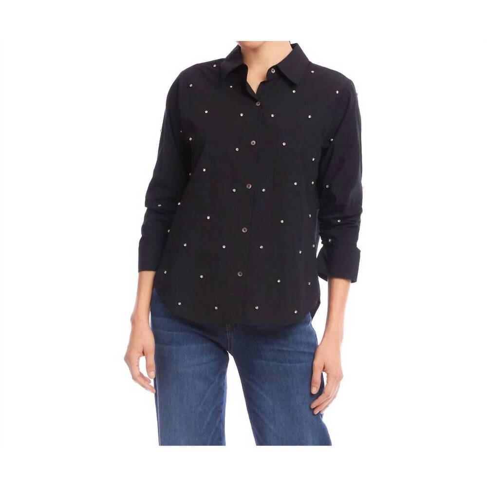 NEW KAREN KANE embellished ruched sleeve shirt in black